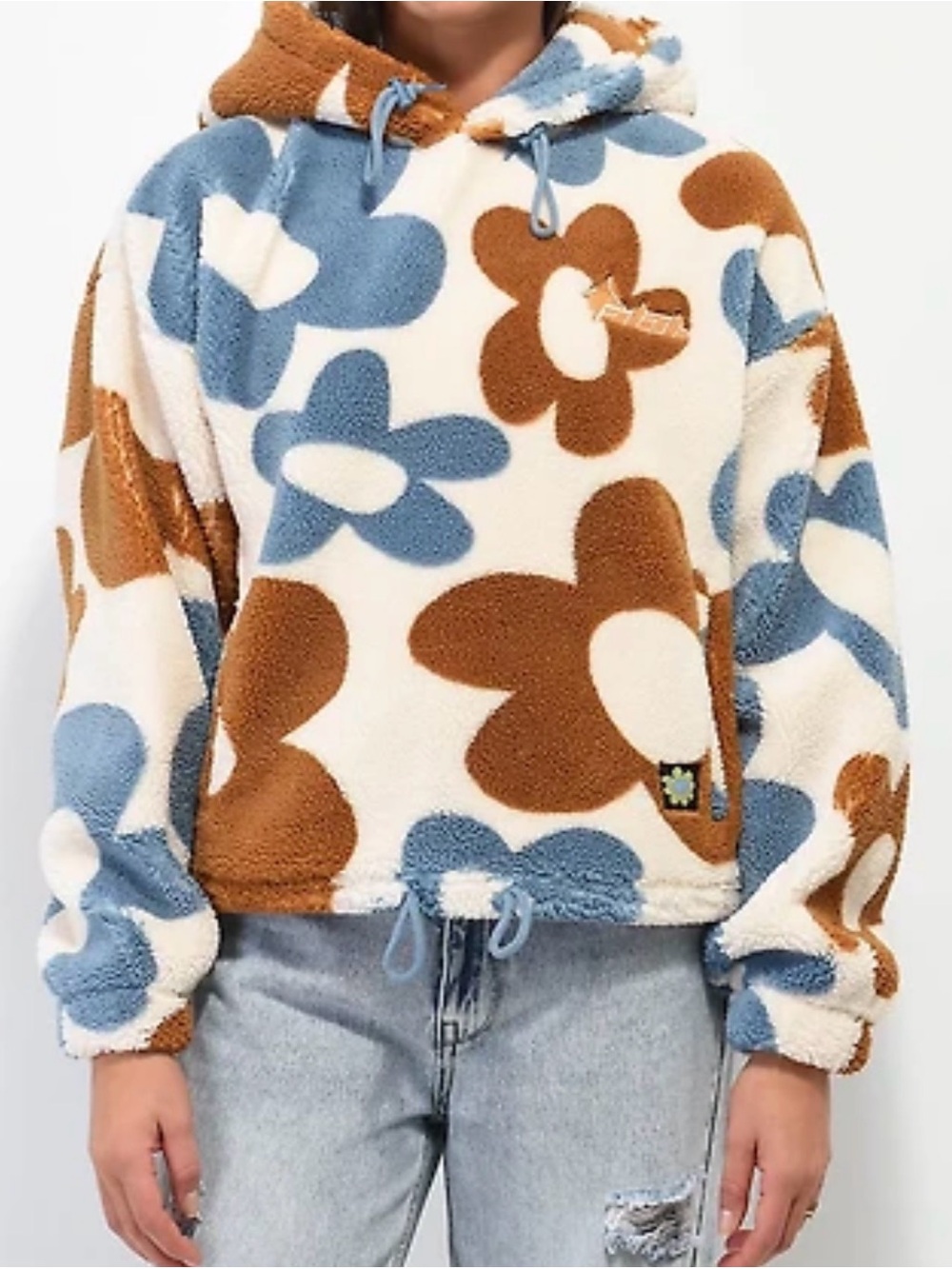 ALab Floral Sherpa Hoodie - Blue, Brown & Cream size S oversized